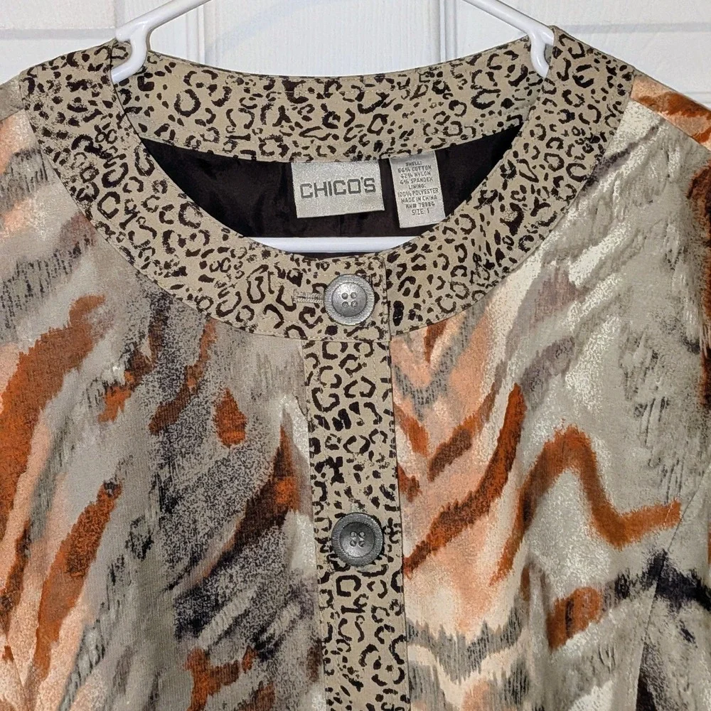 Chicos Animal Print Button Front Jacket Mixed Tiger Leopard Tan Brown Size M (1)